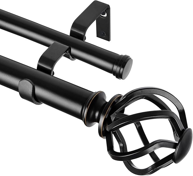 KAMANINA 1 Inch Double Curtain Rods 36 to 72 Inches (3-6 Feet) Window Telescoping Drapery Rod, Black Heavy Duty Curtain Rods for Windows, Twisted Cage Finials