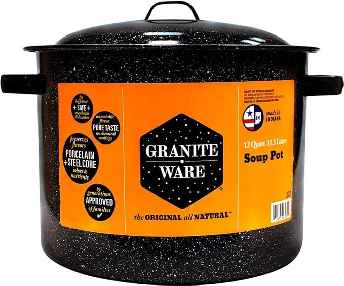 Granite Ware 12-Quart Stockpot, Large Capacity for Soups, Stews, Pasta - Durable Graniteware with Non-Stick Surface for Easy Cleaning - Chip-Resistant & Even Heat Distribution (Speckled Black)