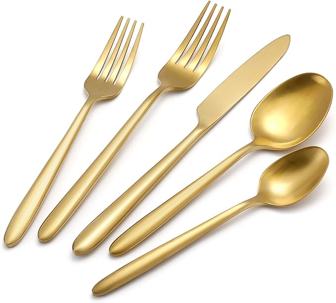 DEACORY Silverware Set Flatware Set Matte Gold Stain Polished Cutlery Set Brushed Finished Heavy Brass Drip Handle Stainless Steel 40 Pieces Dishwasher Safe Service for 8