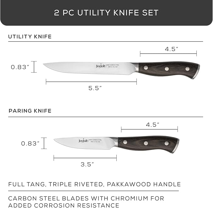 JoyJolt 2pc Kitchen Knife Set. 5.5” Utility Knife and 3.5” Paring Knife. High Carbon, x50 German Steel Tomato Knife, Magnetic Gift Boxed.