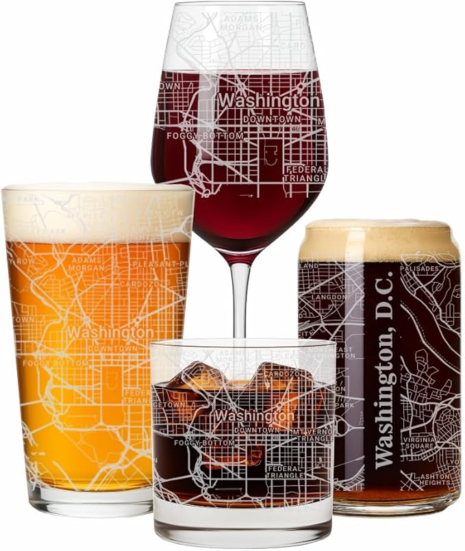 Blue Ridge Mountain Gifts - Washington DC Souvenir - District of Columbia Glassware Gift, Etched City Map, Laser Engraved and Dishwasher Safe