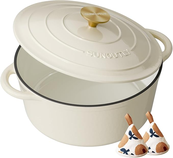 Enameled Cast Iron Dutch Oven - 7.5QT Pot with Lid & Cotton Potholders - Heavy-Duty Cookware for Braising, Stews, Roasting, Bread Baking, Oven Safe up to 500° F & Across All Cooktops, Cream White