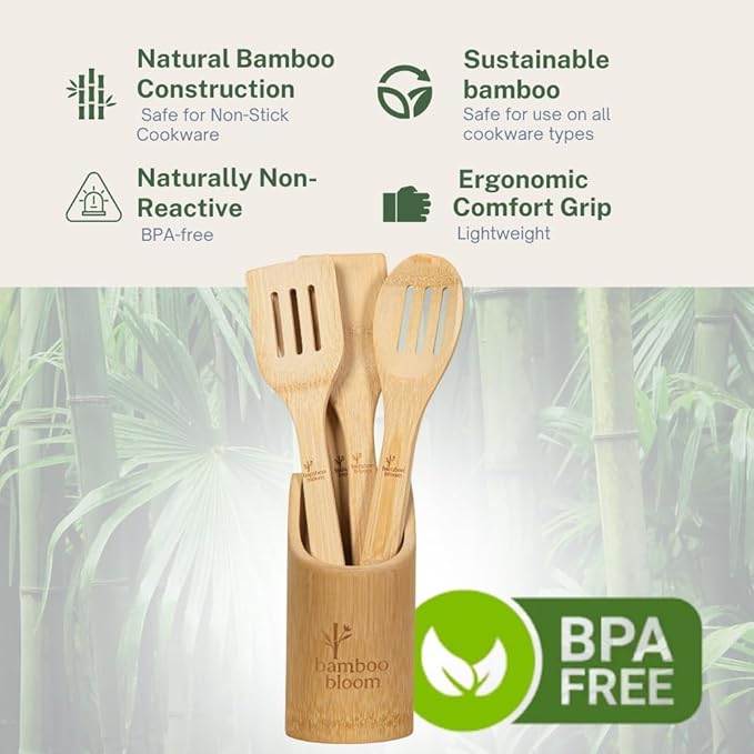 4 Piece kitchen utensils set - bamboo cooking utensils with comfort grip, including utensil holder, bamboo spoons, shovels & spatulas | wooden utensil set for non-stick pans, kitchen essentials