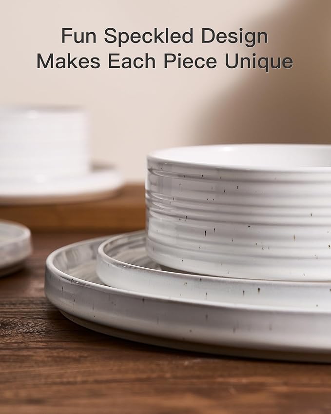 Stoneware Dinnerware Sets, Dish Set for 4, 12 Pieces Spiral Dishware Set with Straight Rim, Speckles & Reactive Glaze - Microwave and Dishwasher Safe Tableware, White