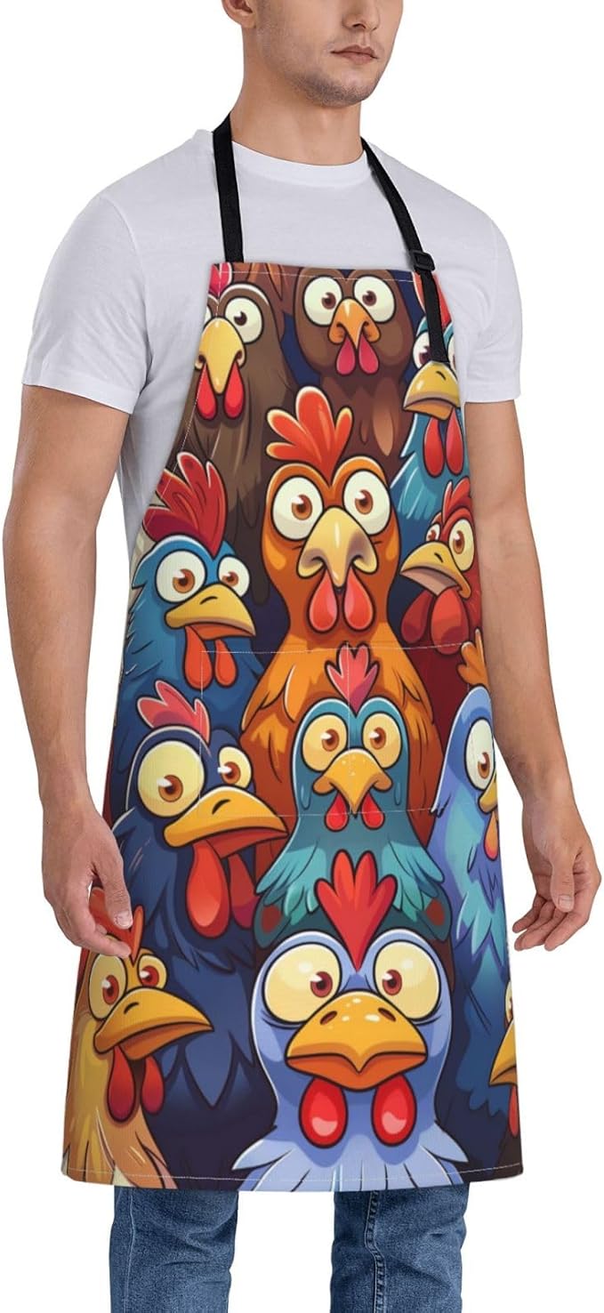 Funny Chicken Cartoon Apron for Men Women, Waterproof Kitchen Cooking Bib with Adjustable Neck and Pocket, Colorful Farm Rooster Theme Chef Apron Gifts for BBQ, Baking, Gardening, and Home Decor