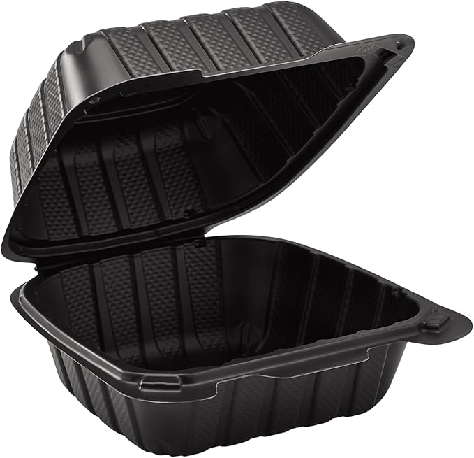 KARAT EARTH Clamshell Take Out Food Containers [6"x6" - 400 ct] To Go Containers | Microwavable, Freezer Safe, Soak-Resistant, Durable, Stackable | Vented for Hot/Cold Foods, Black