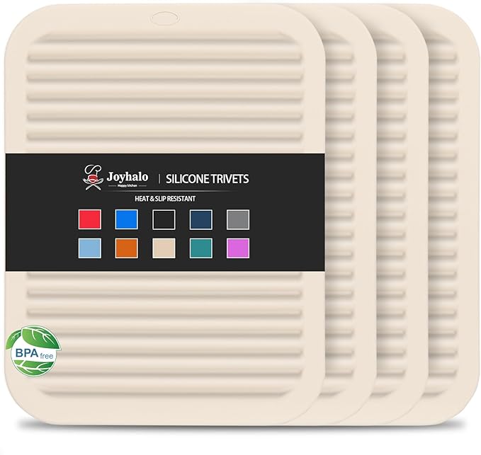 Joyhalo 4 Pack Silicone Trivets for Hot Pots and Pans,480℉ Heat Resistant Trivets for Hot Dishes,Hot Pads for Countertop,Kitchen Potholders,Khaki