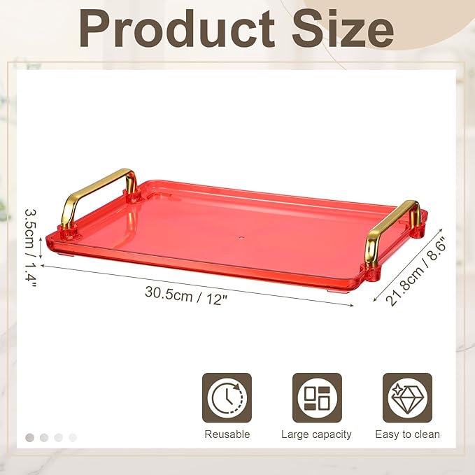 uxcell Plastic Serving Tray with Golden Handle, 12 x 8.6 Modern Rectangular Decorative Tray Acrylic Reusable Tea Platter for Countertop Bathroom Kitchen Home Restaurant, Clear Red