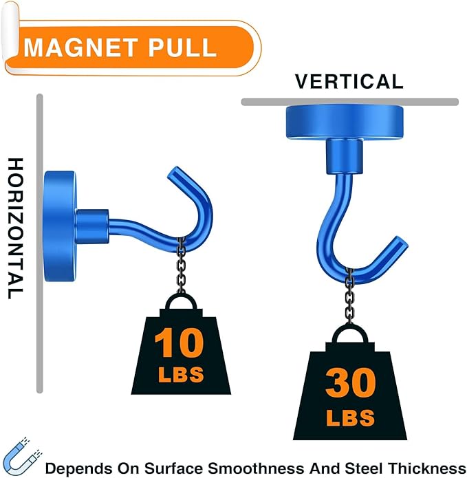 MIKEDE Magnetic Hooks Heavy Duty, 30LB+ Strong Magnets with Hook for Fridge, Neodymium Extra Strength Industrial Hooks for Hanging, Magnetic Hanger for Toolbox, Cruise, Grill(Blue,4 Pack)