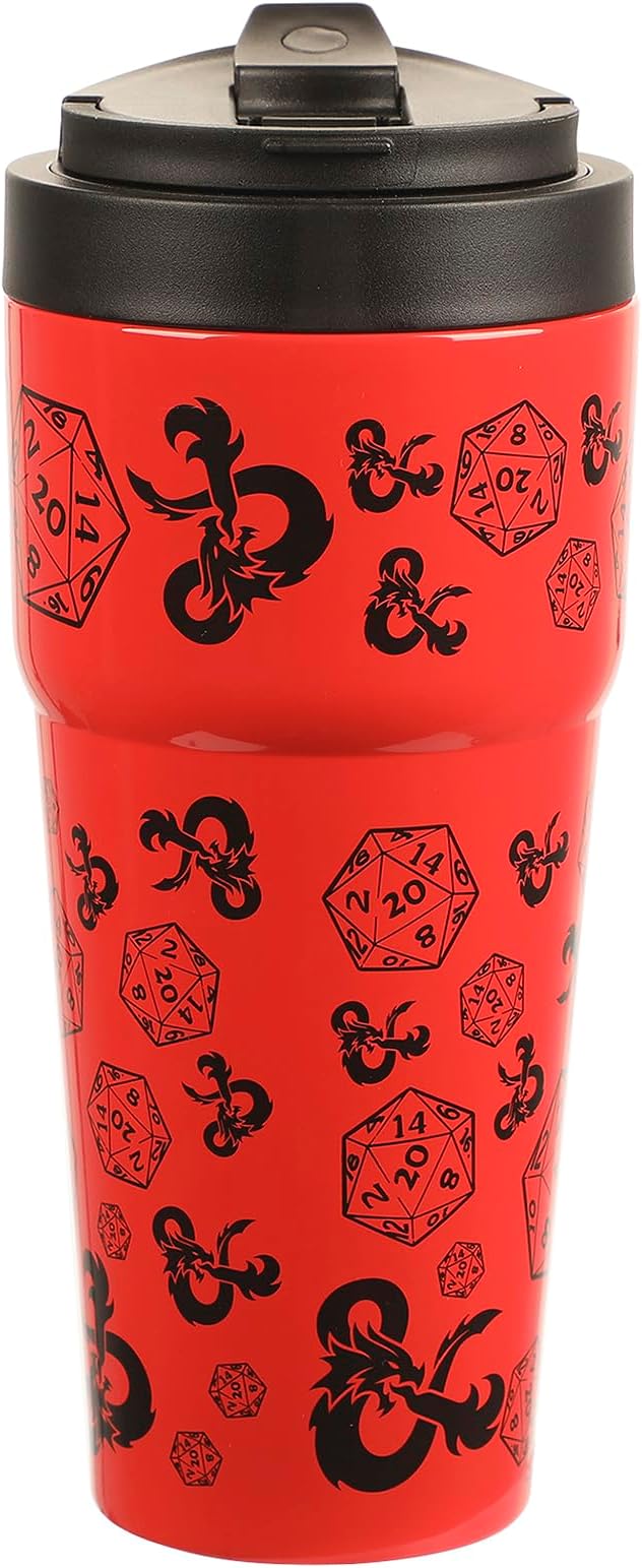 Bioworld Dungeons & Dragons D20 Dice & Logo Red 27 Oz Stainless Steel Travel Coffee Tumbler