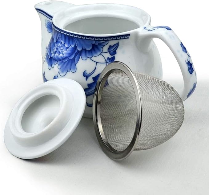 Small Teapot 9oz Blue and White Porcelain Tea Pot with Stainless Steel Infuser Classical Chinese Penoy Flower (Peony)