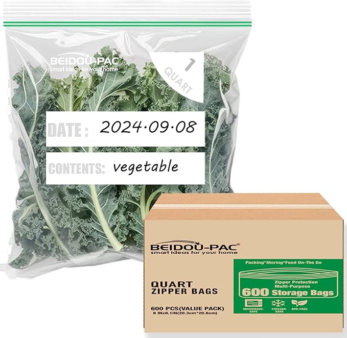 Quart Food Storage Zip Bags, 600 Count | Double Zipper| 8" * 8.1", Freshness Easy Open Reclosable Clear Plastic Bags