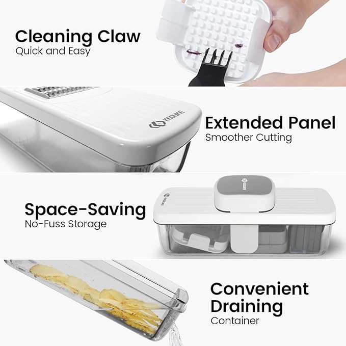KEOUKE 8-in-1 Vertical Vegetable Chopper Mandoline Slicer with Container White - Safe Tap Out Dicer with Hand Guard for Kitchen Easy Food Prep, Onion Potato Veggie Fruit