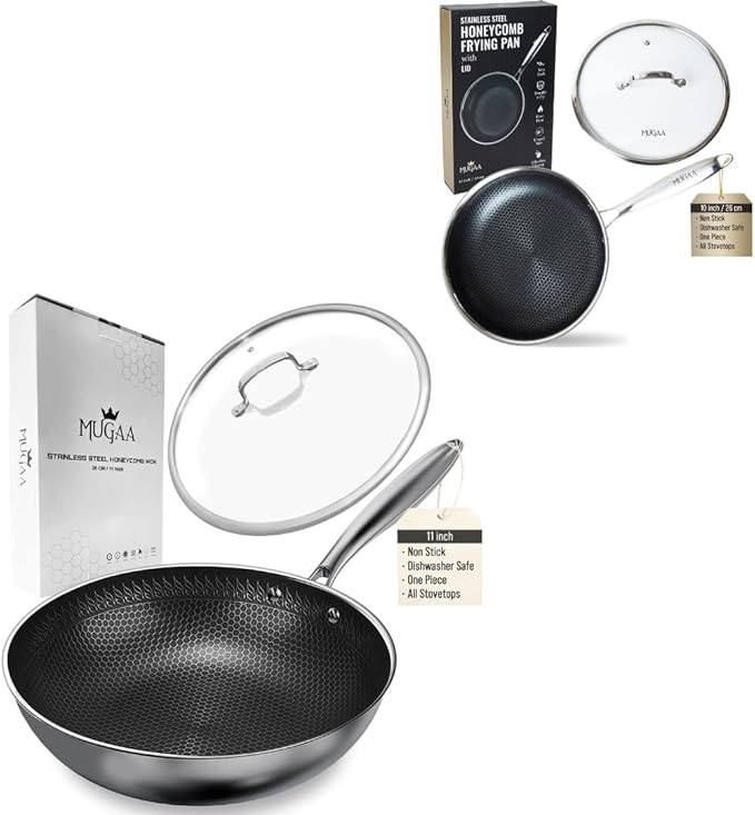 Nonstick Stainless Steel Pan Set – 11” Wok with Lid + 10” Frying Pan with Lid, Tri-Ply Honeycomb Hybrid Pans, Premium Kitchen Bundle