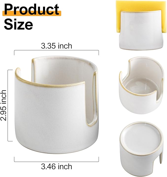 Sponge Holder for Kitchen Sink, Ceramic Dish Sponge Drying Caddy Scrubby Daddy Kitchen Organizer Cute Dish Rack for Sink Counter, Beige White