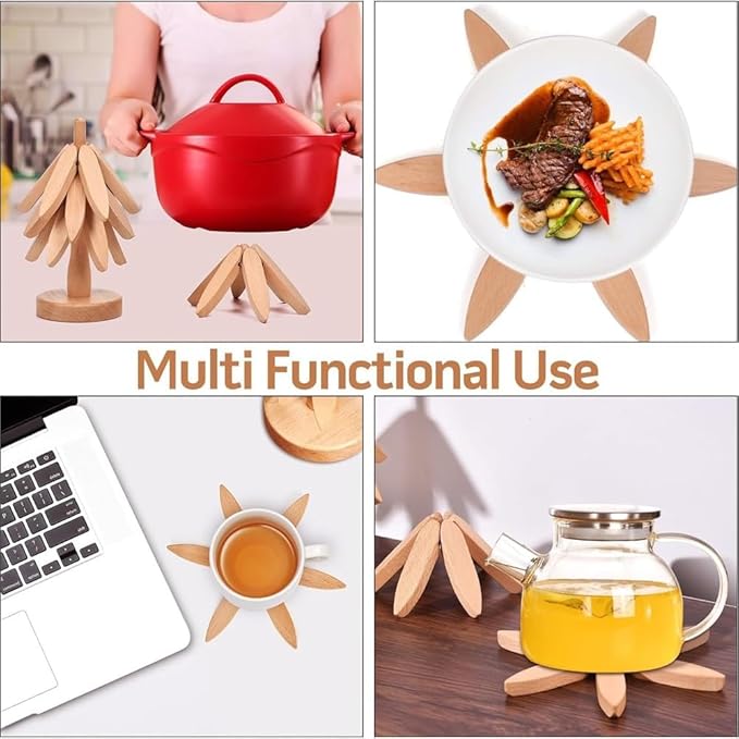 Christmas Tree Trivets Set of 4 for Hot Dishes, Natural Tree Trivet Set - 4 Wooden Trivets & 1 Stand Like a Christmas Trees, Kitchen Counter Decor Tools, Artisanal Wooden Coasters(Walnut-2pcs)