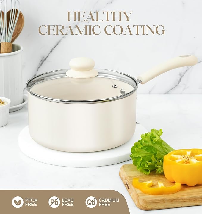 MICHELANGELO Nonstick Sauce Pan Sets, Ceramic Saucepan with Lid, Multipurpose Pot with Lid, Non-Toxic Saucepans, 1QT & 2QT & 3QT, White