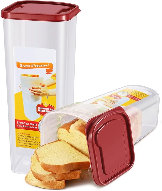 Flexzion 2 Pack Bread Containers Storage Airtight Loaf - Clear Bread Box for Kitchen Countertop BPA-Free Bread Loaf Storage Container Space-Saving & Durable Plastic Bread Container & Dispenser, Red