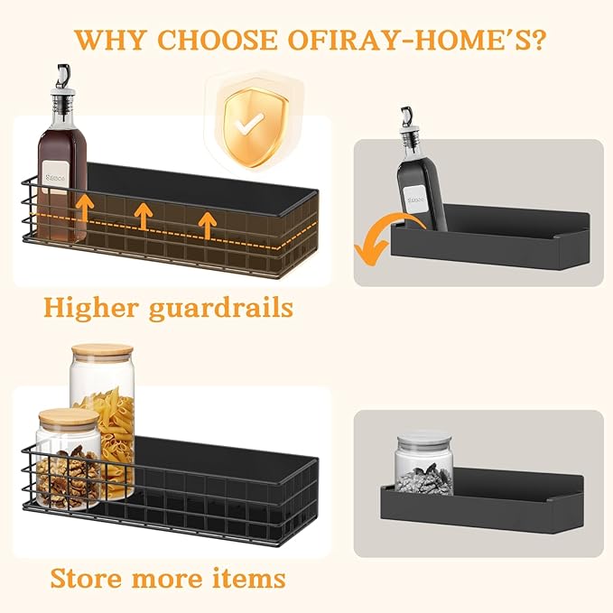 Ofiray-home Magnetic Fridge Shelf, 4-Pack Metal Strong Magnet Rack, Space Saving Spice Organizer, Utensil Holder, Fruit Potato Onion Storage Bins, Black Refrigerator Organizers and Storage