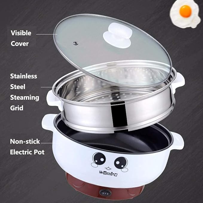 4-in-1 Multifunction Electric Skillet Non-Stick Stainless Steel Hot Pot Noodles Rice Cooker Steamed Egg Soup Pot Portable Mini Heating Pan Cooking Fried with Steam Grid
