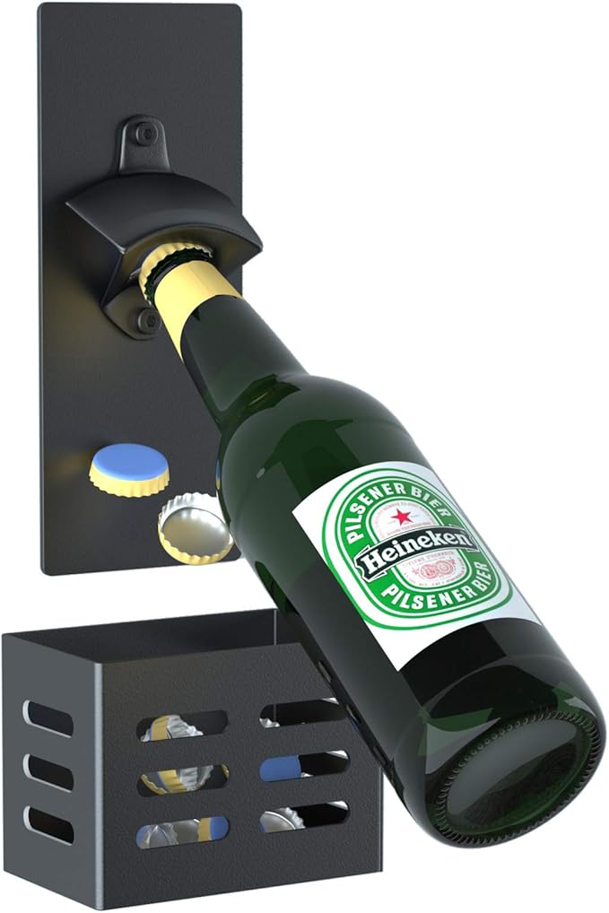 Magnetic Bottle Opener with Cap Catcher,Removable Wall Mounted Beer Bottle Opener for Kitchen Fridge,Beer Gifts for Men (black)