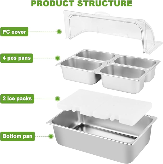 Cold Food Buffet Server 4 Pans×2.7QT with Ice Packs for Salad Pizza Sauce Colded Serving Trays Condiments Containers for Parties Buffet