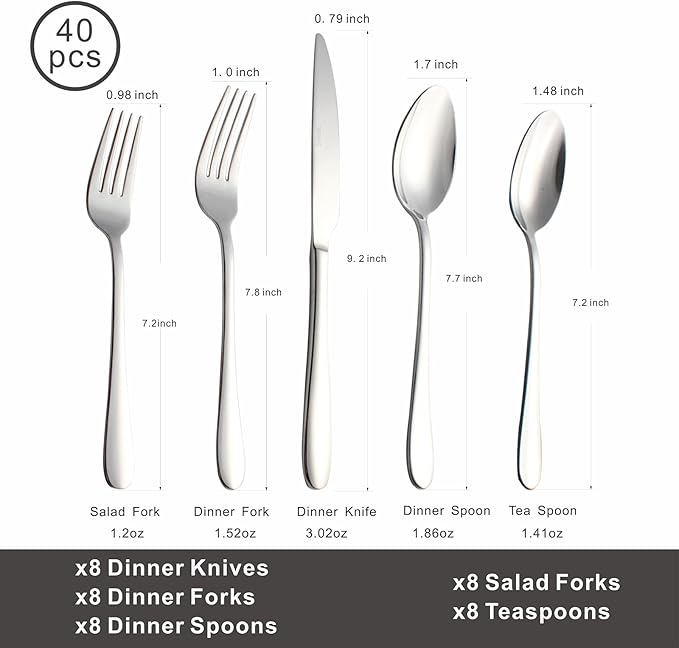 Silverware Set, 40-Piece Flatware Cutlery Set Service for 8, Modern Heavy Duty Design, Stainless Steel Utensils, Dishwasher Safe