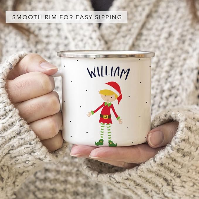 Andaz Press Personalized Name 11oz. Kids Christmas Hot Chocolate Stainless Steel Campfire Coffee Mug, Red Boy Xmas Elf Standing, 1-Pack, Custom Child’s Birthday Xmas Cup Christmas Hot Chocolate Mug