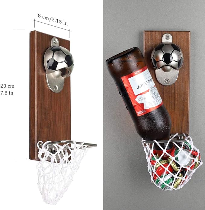 Soccer Bottle Opener with Cap Collector Catcher,Magnetic Refrigerator Paste Bottle Opener，Ideal Gift for Soccer Fans and Beer Lovers, Use as Bar Decoration