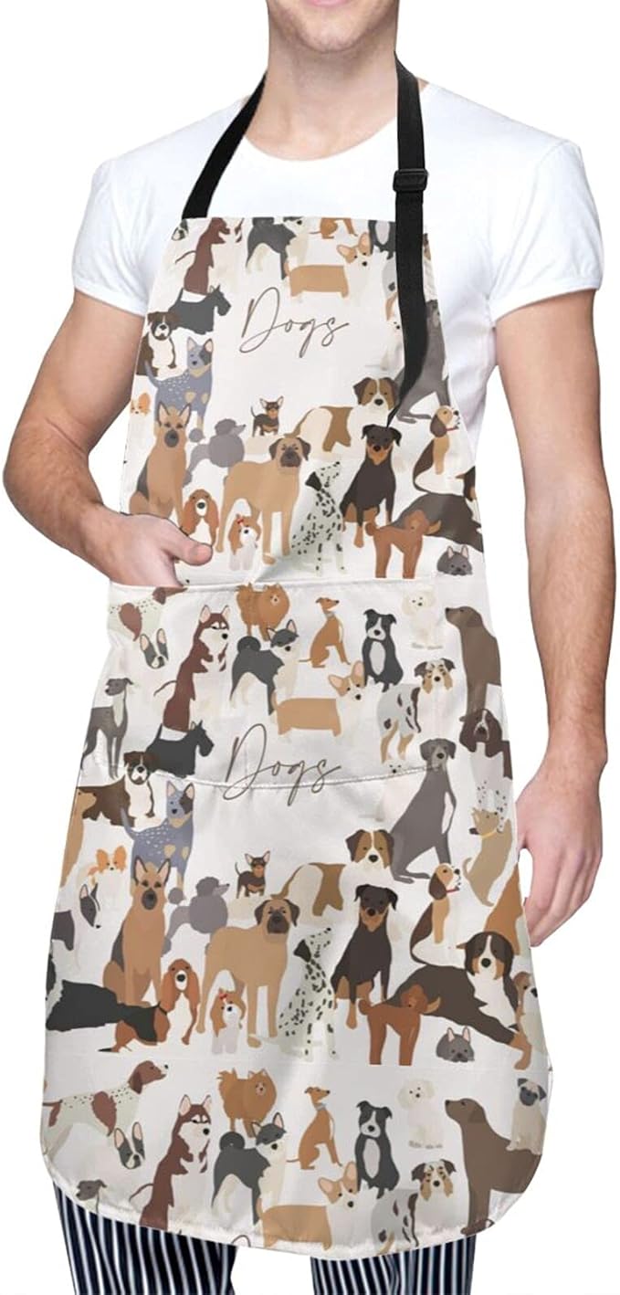 Cat and Dogs Animals Adjustable Bib Neck Chef Aprons, Kitchen Bbq Waterproof Apron with 2 Pockets For Mom Dad
