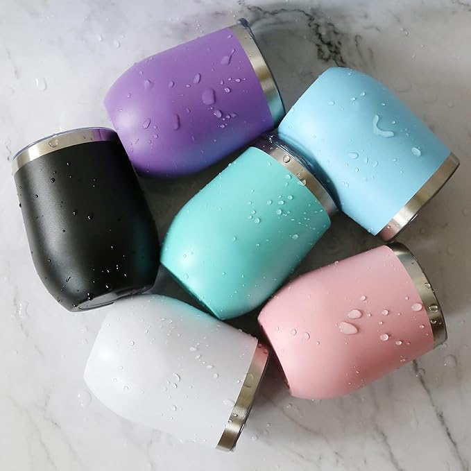 12oz Wine Tumbler with Lid With straw Stainless Steel Wine Tumbler Cups Double Wall Vacuum Insulated Travel Mugs Stemless Cup 12 Pack（Black