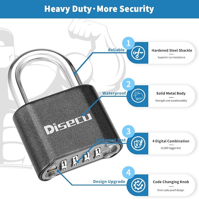 1 Pack disecu Heavy Duty 4 Digit Combination Lock, Anti-Error Feature, Outdoor Waterproof Padlock for School Gym Locker, Fence, Gate, Hasp Storage, Toolbox (Gun Black)