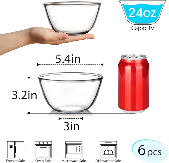 NUTRIUPS 6 Pack 24oz Glass Bowls Set for Cereal and Salad, Small Glass Bowls for Kitchen (5.4 inch)