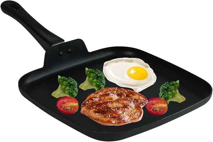 10 Inch Square Griddle Pan - Nonstick Flat Skillet, Cast aluminum, Grill Pan for Cooking Stove Top Omelette Steak Stir Fry, Comales para Tortillas with Cool Touch Handle, PFOA Free