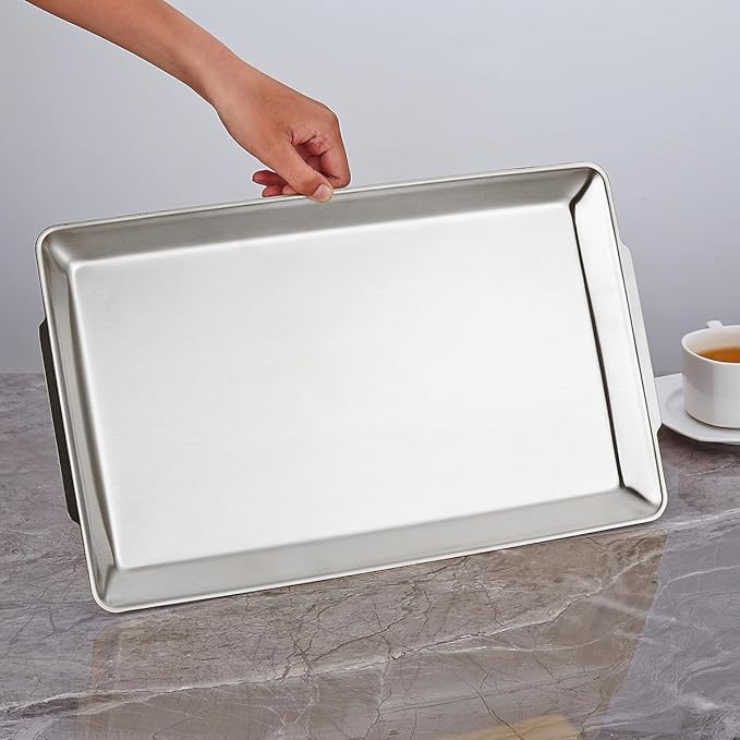 16.3" x 11" Large Serving Platters, Stainless Steel Heavy-Duty Large Serving Trays, Silver Rectangular Plates for Food, Fruit, Party, Wedding, Christmas, Chip and Scratch Resistant