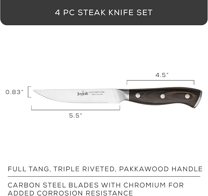 JoyJolt 4pc Steak Knives Set of 4. High Carbon, x50 German Steel Kitchen Knife Set, Magnetic Gift Boxed