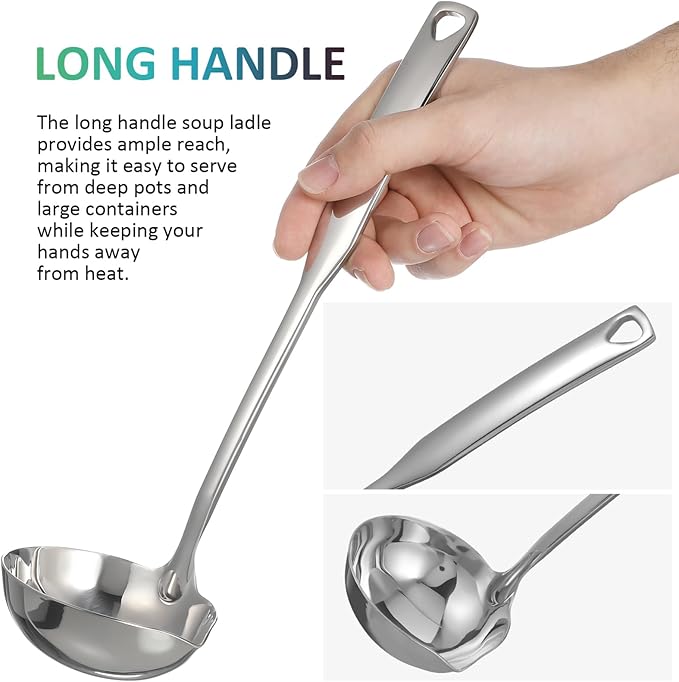 Stainless Steel Soup Ladle with Long Handle and Precision Pouring Spout Deep Serving Spoon for Soup Gravy Hot Pot Kitchen Utensil with Hanging Hole