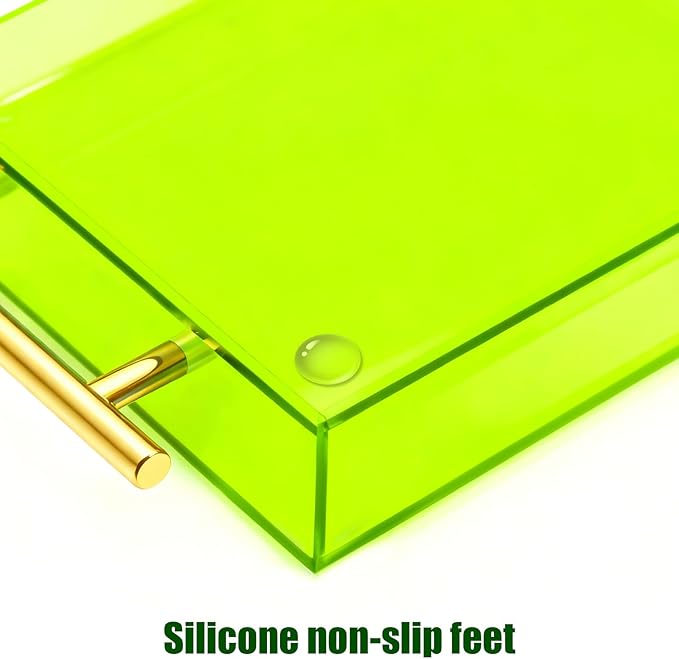 Acrylic Serving Tray with Handles Large Ottoman Food Decorative Tray for Coffee Table Tea Fruit Snack Kitchen Bar Platter, 17x13’’, Neon Green