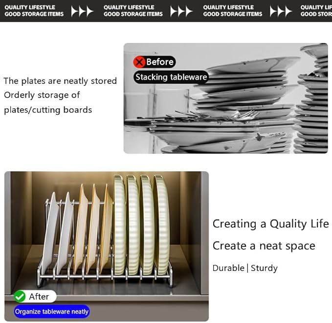 Dish Plate Draining Rack 9 Slots SUS304 Storage Drainboard Kitchen Drying Rack Drainer Stand Plate Organizer for Cabinet Space Saver Stainless Steel (9-Tier)