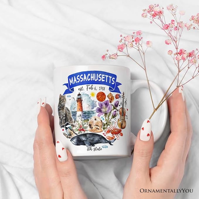 OrnamentallyYou State Travel Landmark Mugs – 12 oz Ceramic Coffee Cups, U.S. Souvenir Gift for Tourists (Artistic Massachusetts State Themes and Landmarks Mug)