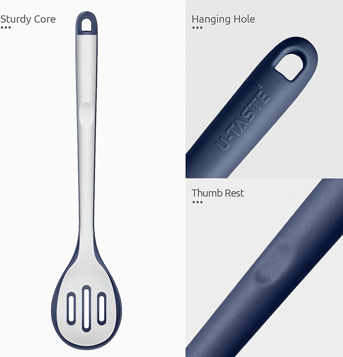 600ºF Heat Resistant Silicone Spoon: U-Taste 13.3in Solid Kitchen Cooking Spoon, Nonstick Food Grade Large Soup Rubber Utensil for Mixing, Serving, Stirring, Basting, for Pot Cookware (Midnight Blue)