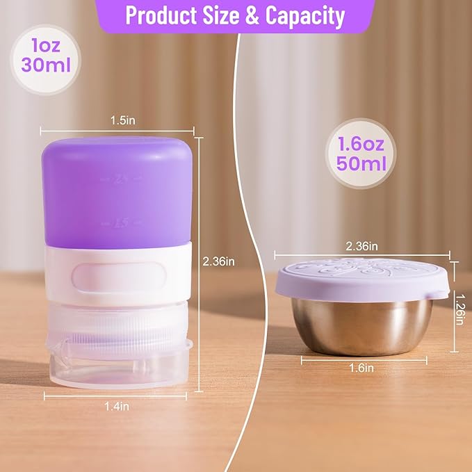 8-Pack Salad Dressing Container To Go, 1-oz Silicone Small Condiment Squeeze Bottles and 1.6 oz Stainless Steel Sauce Containers Cups, Leakproof Condiment Containers with Lids for Lunch Box