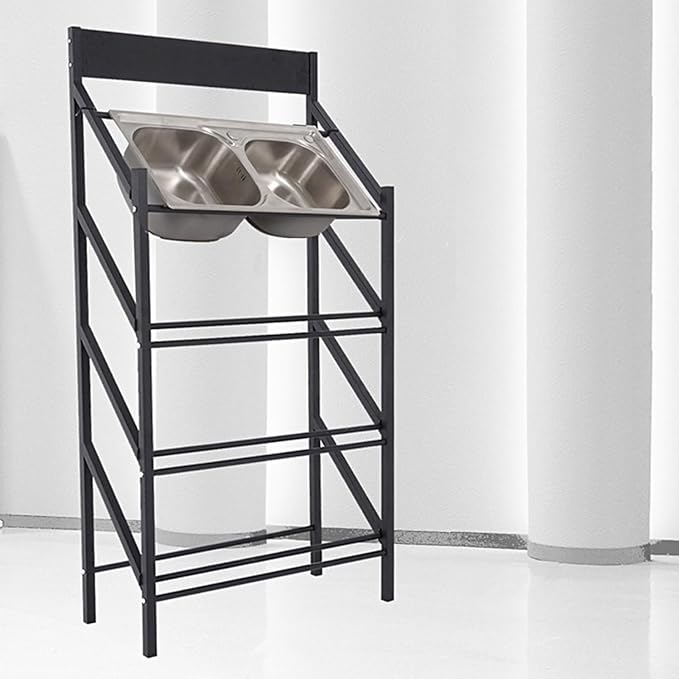XPLKQXE Floor Standing Kitchen Sink Display Rack, Movable Metal Dish Tub Wash Basin Organizer Shelf, Multi-layer Dishpan Sample Show Holder, Exhibition Halls Store (Color : With wheel, Size : 90x39x