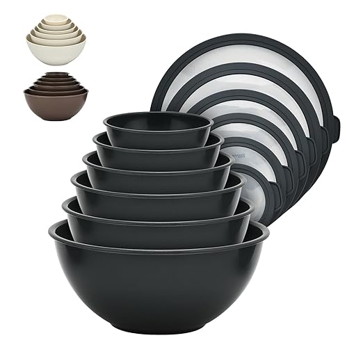 12 Piece Plastic Nesting Bowls with Lids - Mixing Bowls Set includes 6 Prep Bowls and 6 Lids, BPA-Free, Reusable Meal Prep Containers, Microwave, Freezer & Dishwasher Safe, Gray