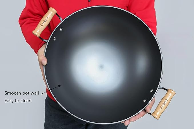 Chinese woks with a lid and a Spatula stir-fry pans deep fryer Cast Iron 16 Inches round bottom pot Uncoated for Open Fire not easy to rust not easy to stick and durable for about 1-8 people