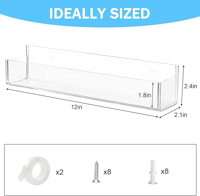 VAEHOLD Adhesive Acrylic Spice Rack with 2 Nano Double Sided Tape Wall Mount Organizer for Bathroom Clear Wall Spice Rack With Shelf Ends for Kitchen Cabinet Door - 4 Pack