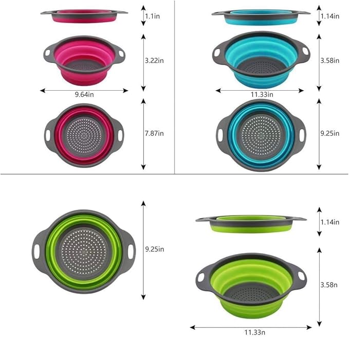 New and improved- Set of 3 Niklye Ultimate Kitchen Strainers—1×10” & 2×12” Collapsible Silicone Colanders. Now more durable and robust for everyday use with pasta, veggies, fruit & more.