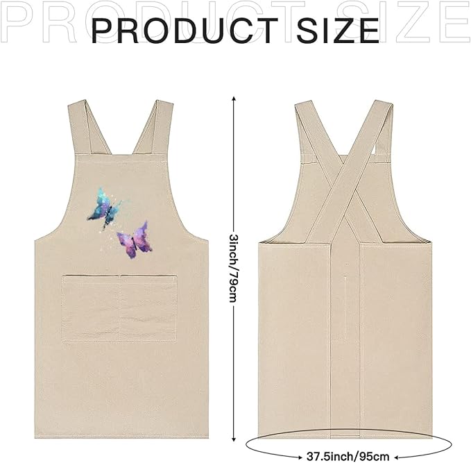 Cotton Linen Apron Non-tie Cross Back Kitchen Apron with Pockets Soft Comfortable Durable for Cooking Baking Gardening (Khaki,Butterfly)
