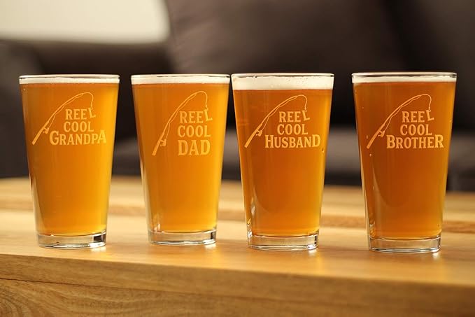 Reel Cool Grandpa - 16 oz Pint Glass for Beer - Funny Fishing Gifts for Fisherman Grandfather - Fun Fish Cups