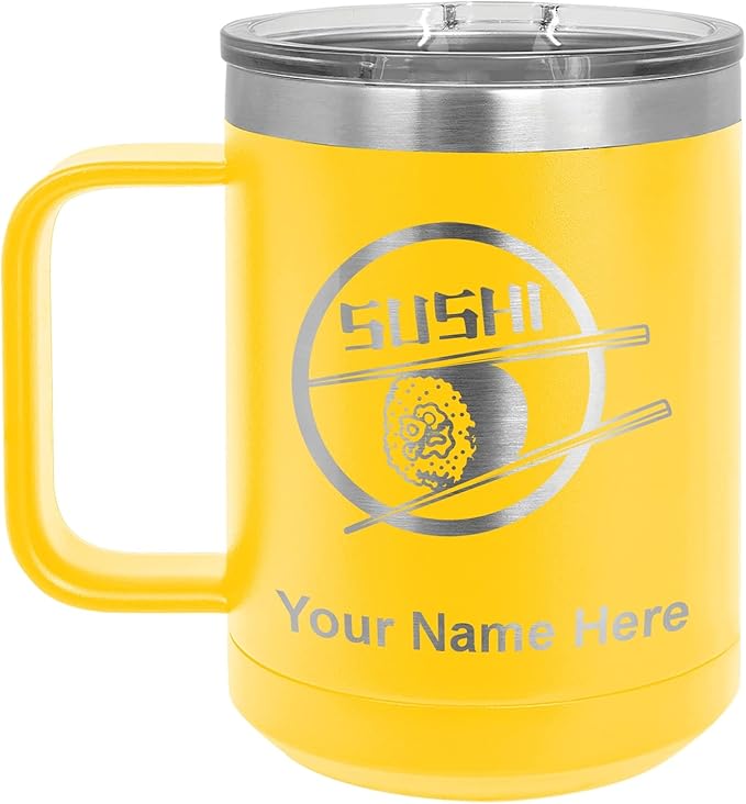 LaserGram 15oz Vacuum Insulated Coffee Mug, Sushi, Personalized Engraving Included (Yellow)